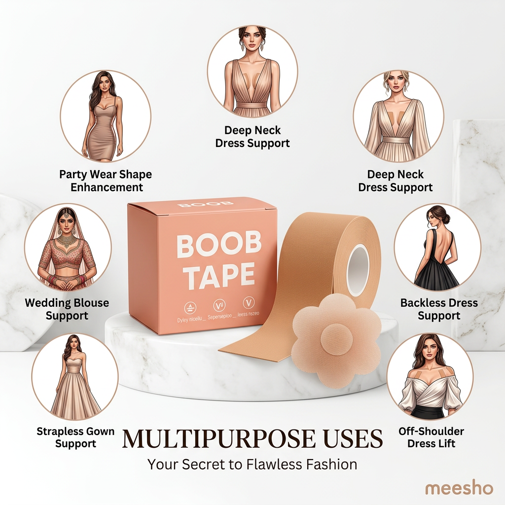 AI Design for Exact same boob tape box, same peach-pink packaging, same skin-tone boob tape roll, same flower nipple covers, create a premium Meesho infographic image showing MULTIPURPOSE USES in one frame. Center: product set large and clear. Around product create 6 circular use icons with realistic fashion illustrations: Deep Neck Dress Support, Backless Dress Support, Off-Shoulder Dress Lift, Strapless Gown Support, Wedding Blouse Support, Party Wear Shape Enhancement. White luxury background, beauty product advertisement style, clean design, premium feminine aesthetic, realistic shadows, soft lighting, high CTR Meesho listing image, ultra realistic 4K, product focus 70%, infographic style without brand changes.