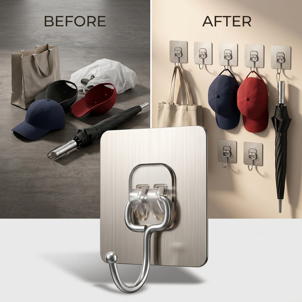 AI Design for Same hook, same silver finish. BEFORE side shows bags, caps, umbrella lying on floor. AFTER side shows all items hanging neatly using identical adhesive hooks. One giant hero hook in foreground. Luxury home organization concept, realistic shadows, ultra HD ecommerce style, 4K quality.