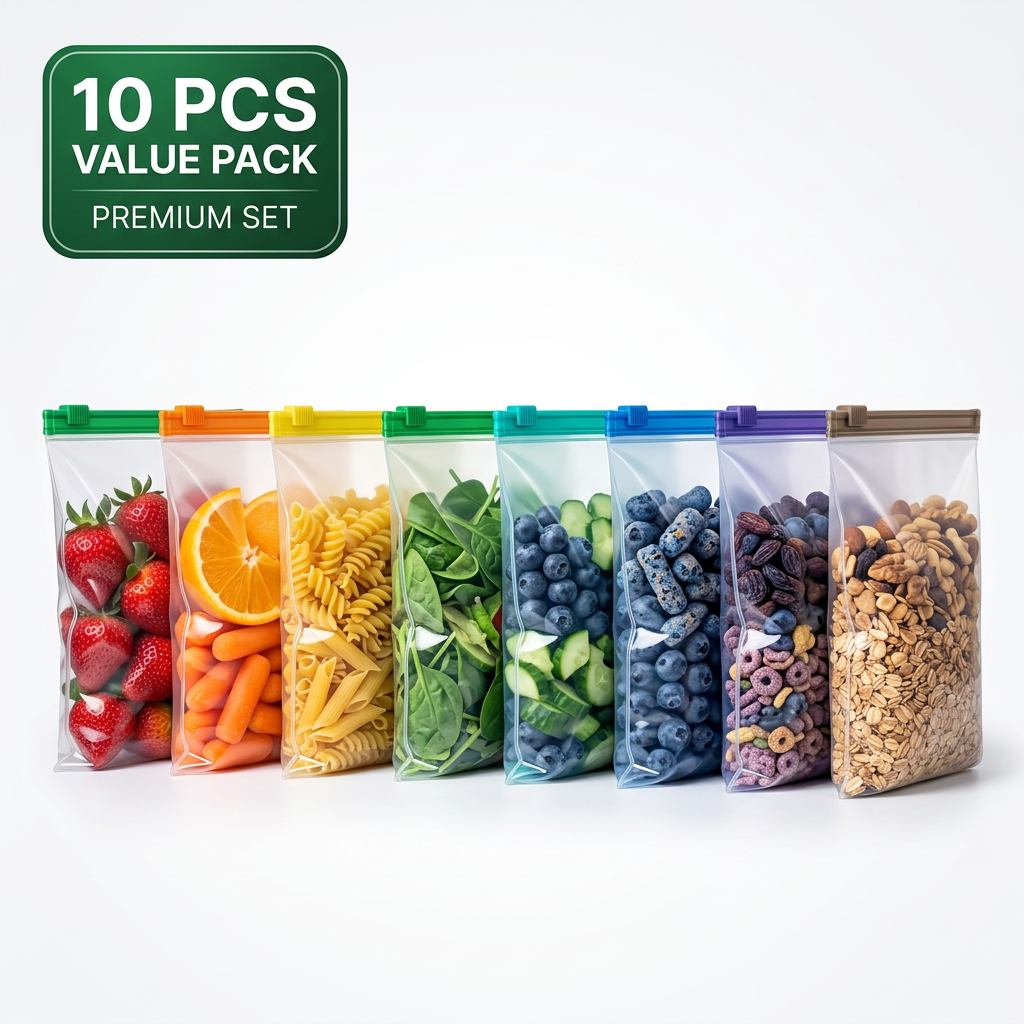 AI Design for Hyper realistic Meesho hero image featuring identical reusable zipper bags arranged from left to right in rainbow color sequence using colorful foods such as strawberries, oranges, pasta, rice, spinach, blueberries, cereals and dry fruits. Same green zipper, white background, premium commercial lighting, bold "10 PCS VALUE PACK" badge, luxury e-commerce product presentation.