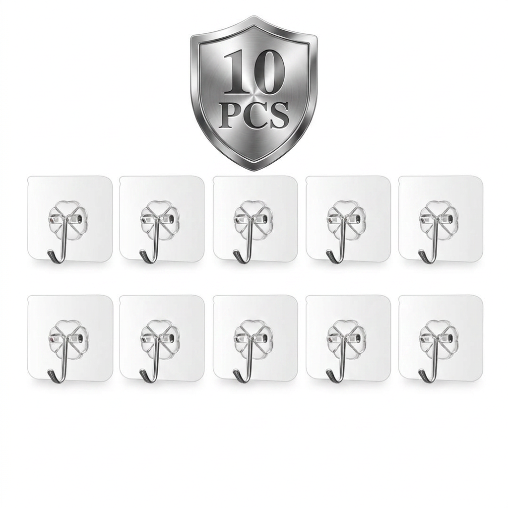 AI Design for Same transparent flower-shaped adhesive hooks, exact product unchanged, 5 hooks in top row + 5 hooks in bottom row, large metallic "10 PCS" badge centered above layout, premium white seamless background, realistic transparent material, luxury chrome finish, soft shadow depth, high-end studio photography, ecommerce hero image, ultra detailed 8K quality, symmetrical arrangement, clean professional marketplace presentation, Amazon and Meesho listing ready, no extra text except "10 PCS", high CTR design.
