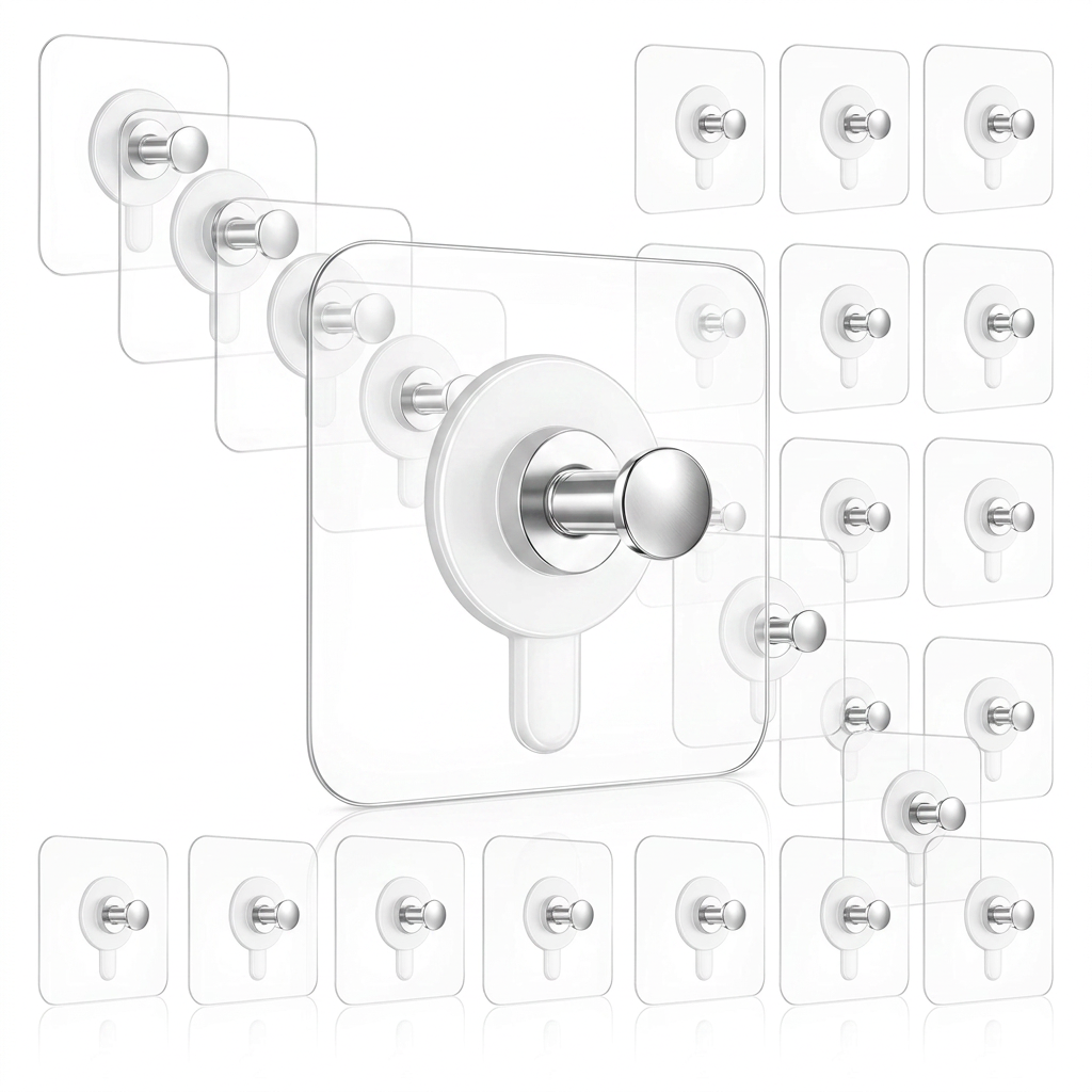 AI Design for Same transparent hook set, hooks arranged in diagonal staircase pattern, center hook closest to camera, white studio background, premium lighting, crystal clear details, high CTR ecommerce image, 4K.