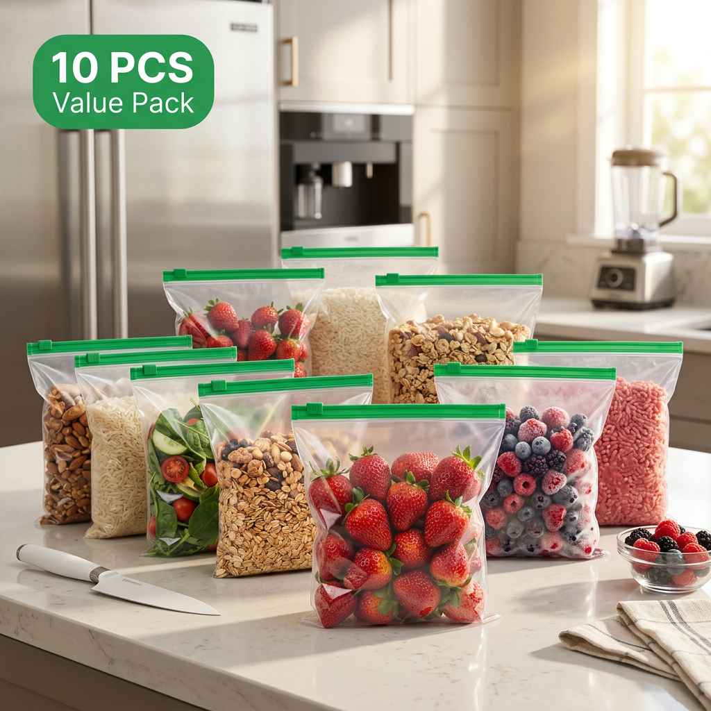 AI Design for Modern luxury kitchen countertop scene with identical transparent storage bags featuring the same green zipper. One hero bag positioned closest to camera, remaining bags arranged naturally behind. Fresh vegetables, dry fruits, rice, cereal and frozen food inside. Bright morning sunlight, blurred premium kitchen background, bold green "10 PCS VALUE PACK" badge, commercial product photography, high CTR e-commerce style.