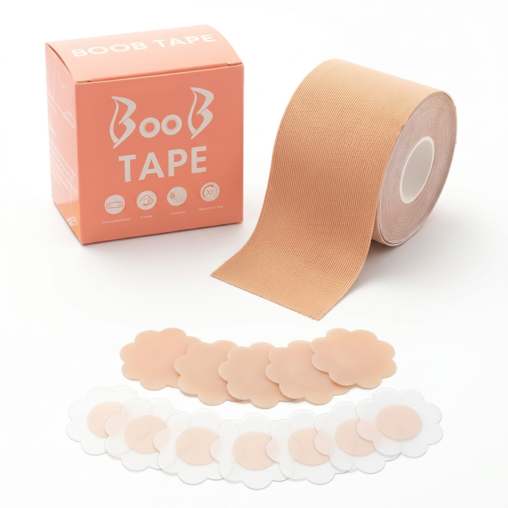 AI Design for Exact same boob tape box and roll, tape roll positioned diagonally, box slightly elevated behind, nipple covers displayed in elegant fan arrangement, luxury beauty accessory photography, clean white background, realistic product texture, premium e-commerce hero shot, 4K.