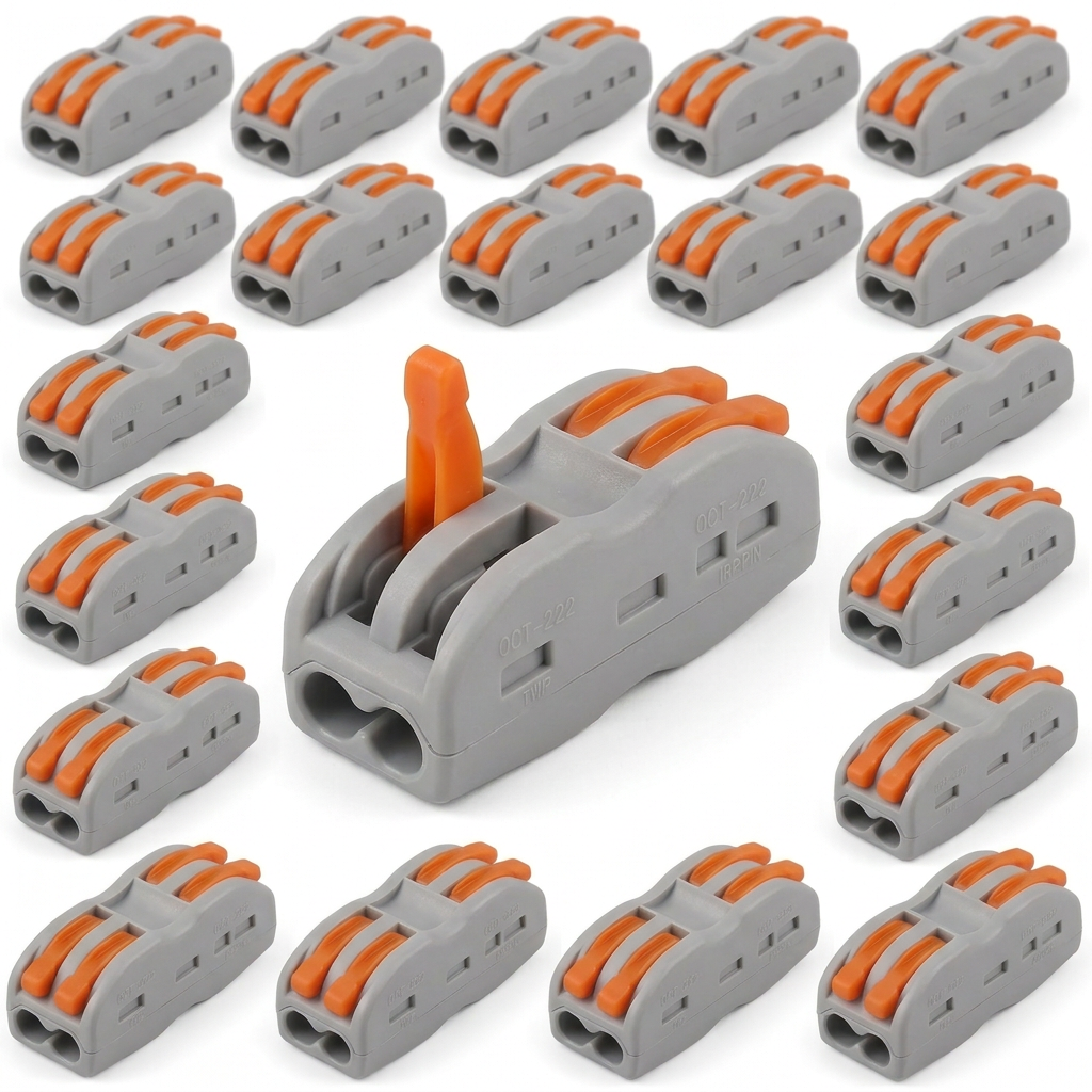 AI Design for Create a Meesho hero image of the same 2 in 2 out wire connector, show one large connector with one orange lever open upward, rest of the 19 connectors closed and arranged behind, exact same body design, white background, clean premium lighting, realistic product photography style.