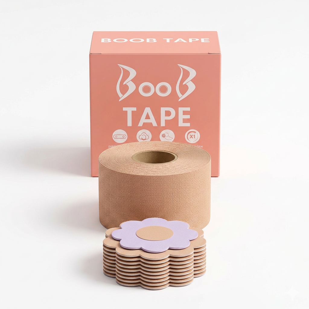 AI Design for Exact same product set, tape roll standing upright, box behind centered, nipple covers neatly stacked in front, white seamless background, minimal luxury composition, cosmetic advertisement style, realistic shadows, premium product photography, 4K quality.