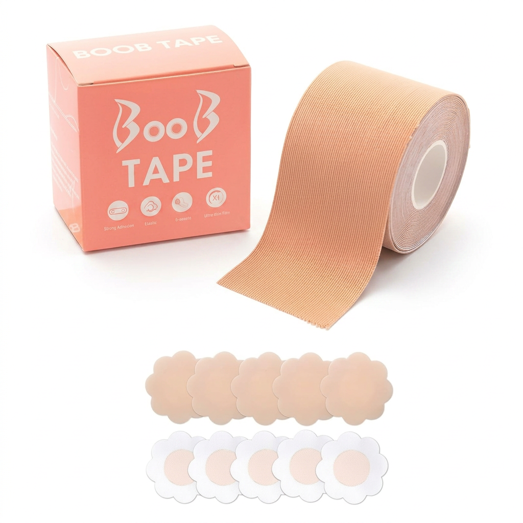 AI Design for Exact same boob tape box, same peach-pink packaging, same boob tape roll size and color, same nipple covers quantity and shape, arranged in premium floating composition, tape roll slightly tilted forward, box behind at 45-degree angle, nipple covers neatly displayed below, pure white background, luxury studio lighting, realistic shadows, ultra HD 4K, Meesho bestseller main image, 85% product focus.