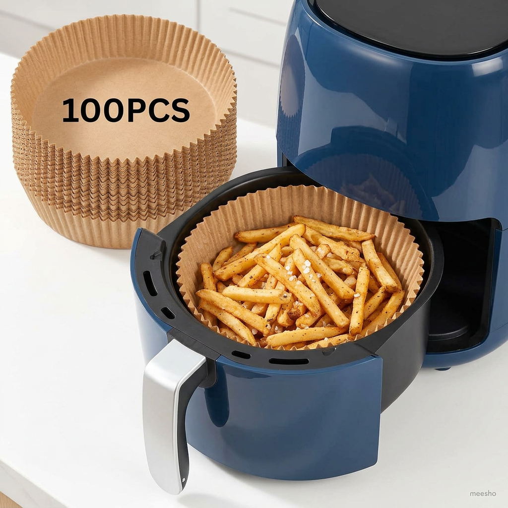AI Design for Same round brown disposable air fryer liners, identical size and color. Open air fryer basket filled with crispy fries inside liner. Large stack of liners placed beside basket. Bright white kitchen background, premium product photography, realistic shadows, product dominant in frame, high CTR Meesho listing style, 4K.