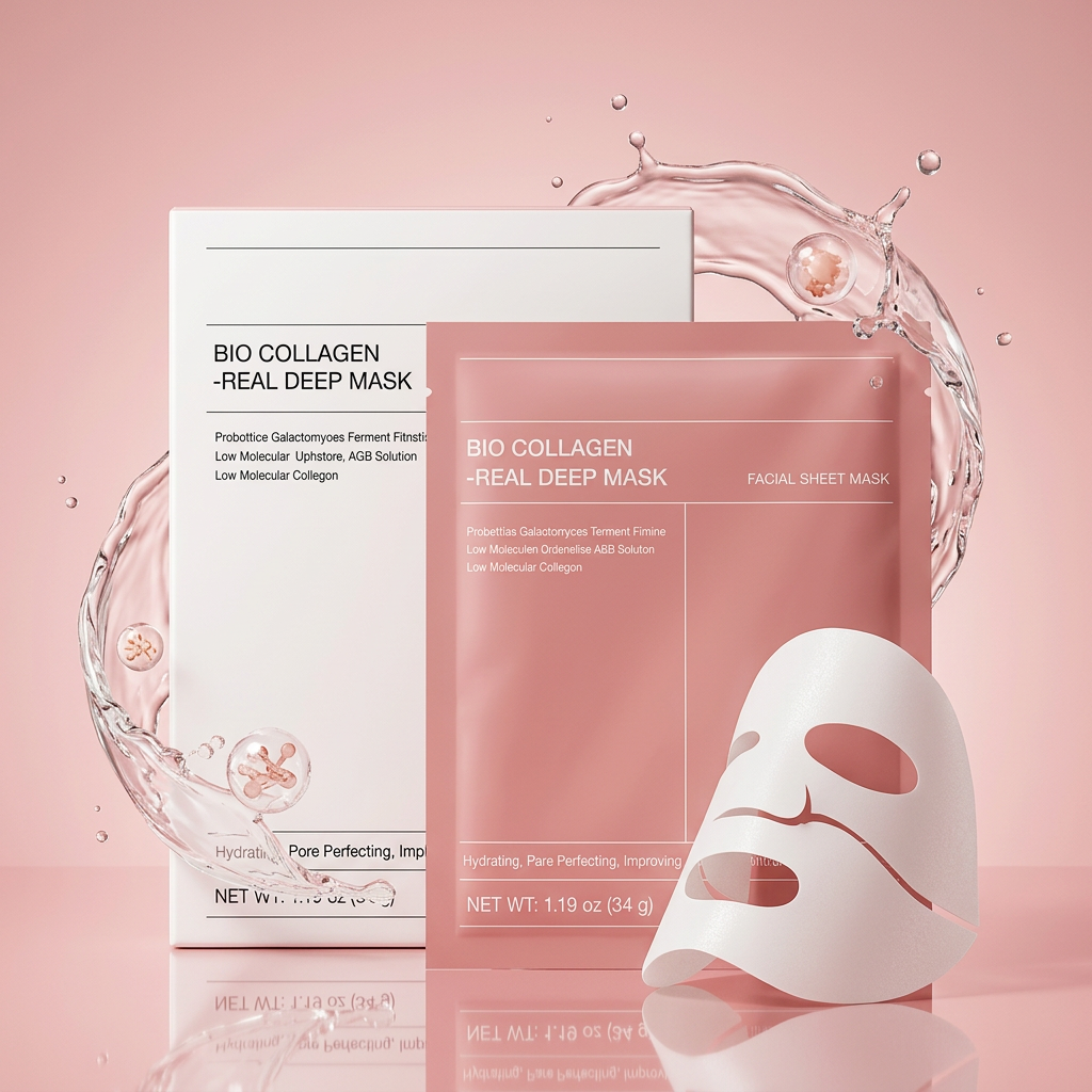 AI Design for Same BIO COLLAGEN REAL DEEP MASK box and packet, front-facing product arrangement, surrounded by transparent collagen serum splash effect, glossy pink surface reflection, minimal luxury studio background, premium Korean skincare advertisement aesthetic, product covers 80-85% frame, ultra realistic, sharp details, high-converting ecommerce image. BRACKGROUND COLOUR CHANGE