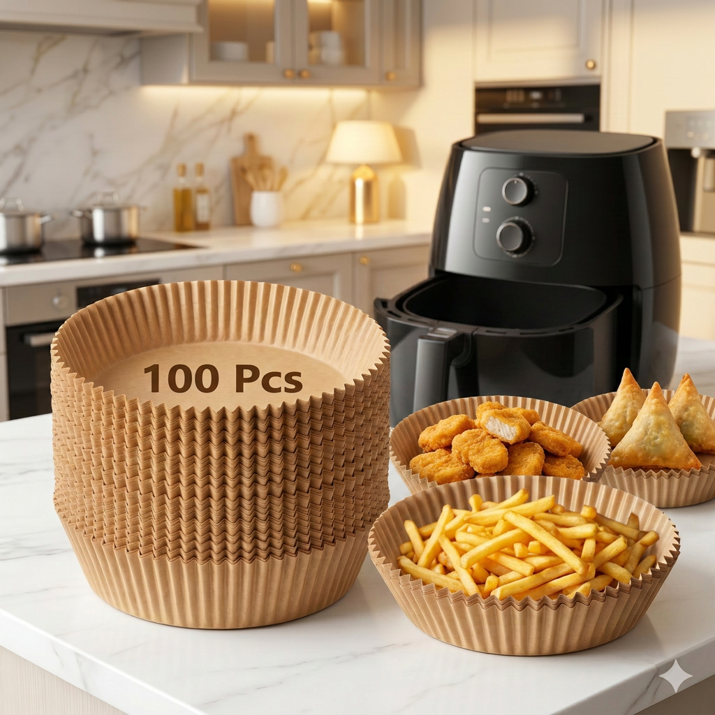 AI Design for Same round disposable air fryer liners, identical size. Air fryer centered with multiple food items including fries, nuggets and samosa placed inside liners. Stack of liners visible beside air fryer. Bright premium kitchen environment, focus mainly on liners, realistic lighting, Meesho high-selling style, photorealistic 4K.