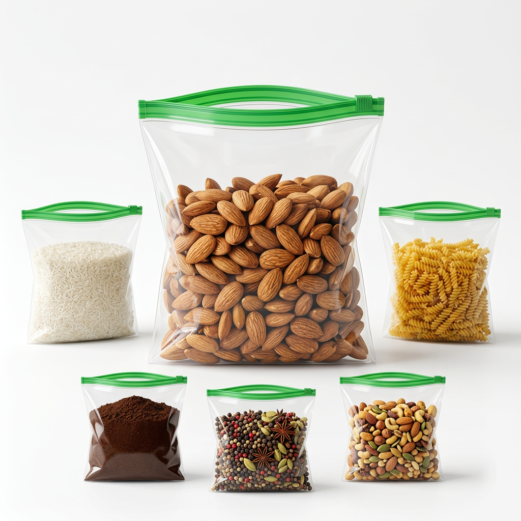 AI Design for Create an ultra-clean e-commerce main image optimized for mobile shoppers. One large transparent green zipper storage bag filled with premium almonds is positioned in the center. Surround it with smaller bags containing rice, pasta, coffee powder, spices, and snacks. Same bag size and green zipper color as the reference product. White background, premium shadows, realistic textures, luxury catalog photography, high trust factor, best-selling product appearance, ultra-sharp details, professional marketplace listing style.
