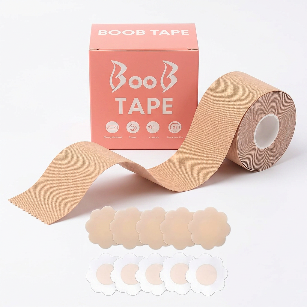 AI Design for Exact same boob tape box and tape roll, same dimensions and colors, tape partially unrolled in elegant S-curve shape, box standing upright behind roll, nipple covers arranged in semi-circle pattern, clean white background, premium beauty product photography, high CTR e-commerce style, ultra realistic 4K.
