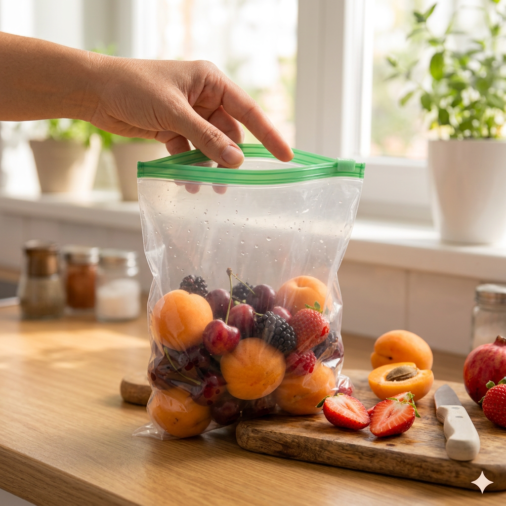 AI Design for Create a photorealistic Meesho hero image of the same transparent zip bag with exact same size and same green zipper, partially filled with fresh fruits, one hand holding the bag open above kitchen counter while cut fruits and chopping board are visible nearby, front-side angle, warm natural sunlight from window, realistic food-prep lifestyle scene, bag must remain same dimensions, transparent material with natural wrinkles, highly real customer-feel.
