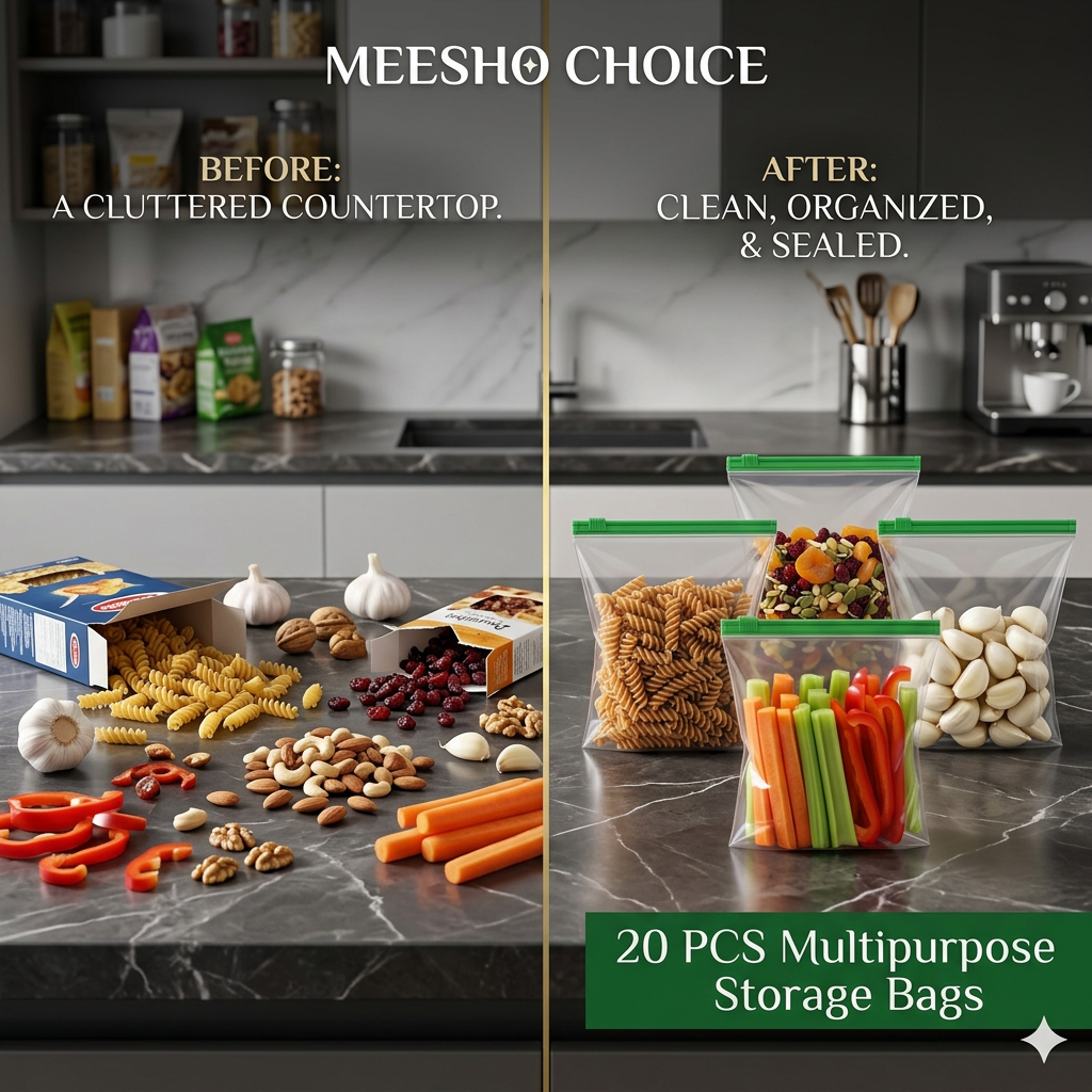 AI Design for Create a split-scene Meesho main image. Left side shows messy kitchen ingredients scattered on a countertop. Right side shows the same ingredients organized neatly inside transparent green zipper storage bags. Same bag size and color as reference. Modern luxury kitchen background, realistic lighting, premium e-commerce photography, highly satisfying organization effect, customer instantly understands the benefit. Ultra-HD, high CTR, bestseller catalog image.