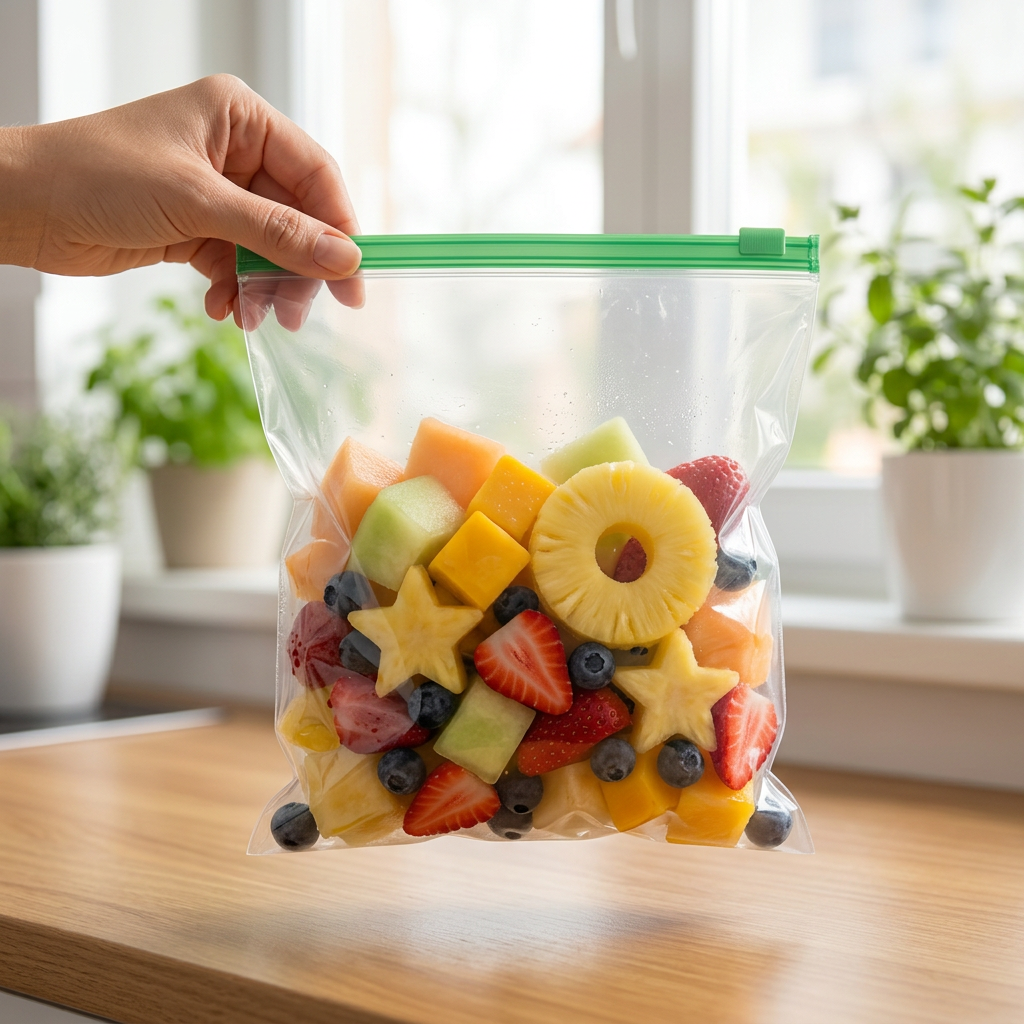 AI Design for Ultra realistic Meesho hero image of one transparent reusable zip storage bag with same size and same green zipper as reference, filled with fresh cut fruits, one female hand holding the top zipper from left side, bag hanging naturally in air, front-facing camera angle, soft daylight kitchen background, wooden counter below, realistic plastic folds, true product proportions, clean premium ecommerce look, customer-use feel, no text, no collage.