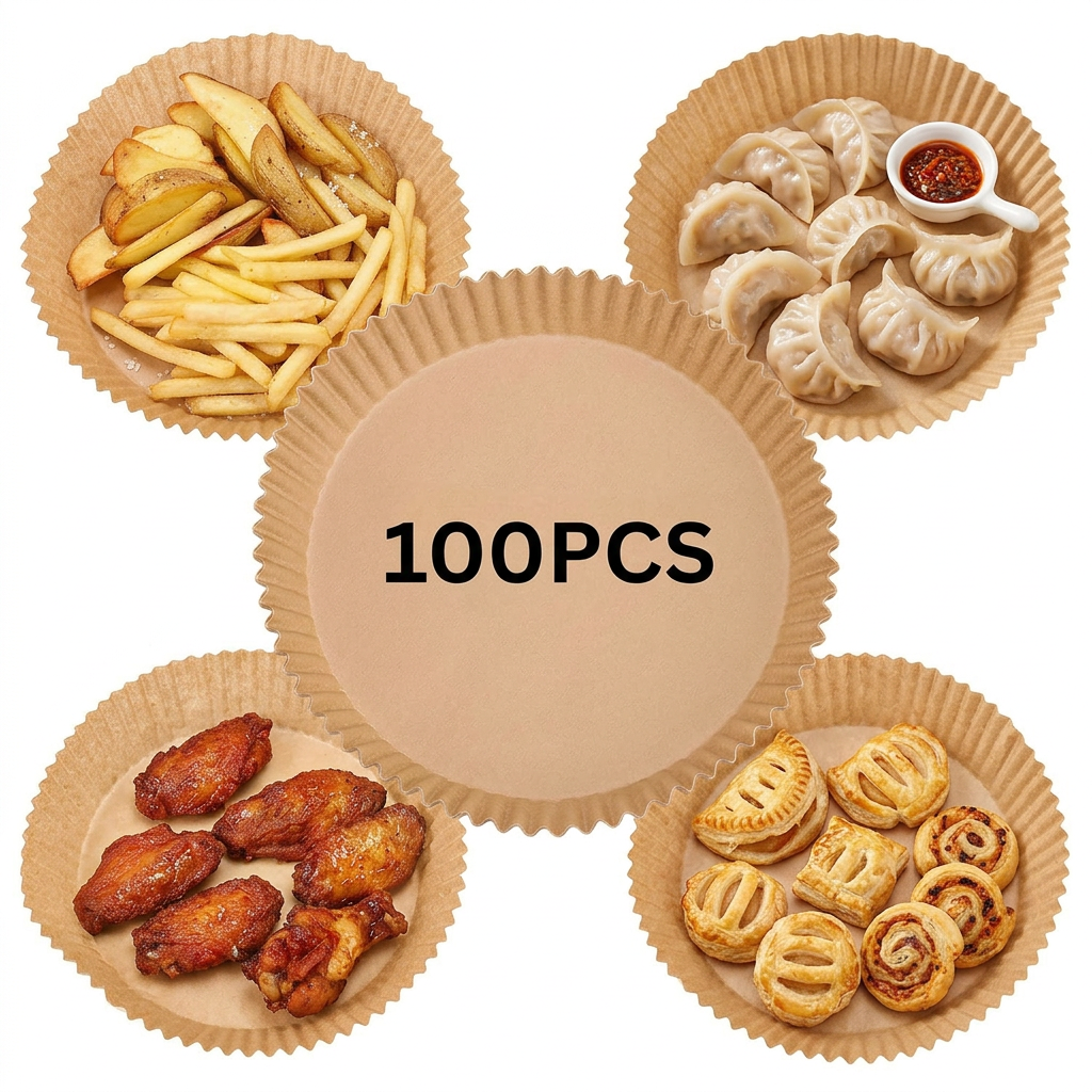AI Design for Exact same round air fryer liners displayed with four food categories: fries, chicken wings, momos, and pastries. One large liner in center, four smaller use examples around it. Clean white background, focus on liner quality, modern e-commerce layout, premium studio lighting, photorealistic 4K.