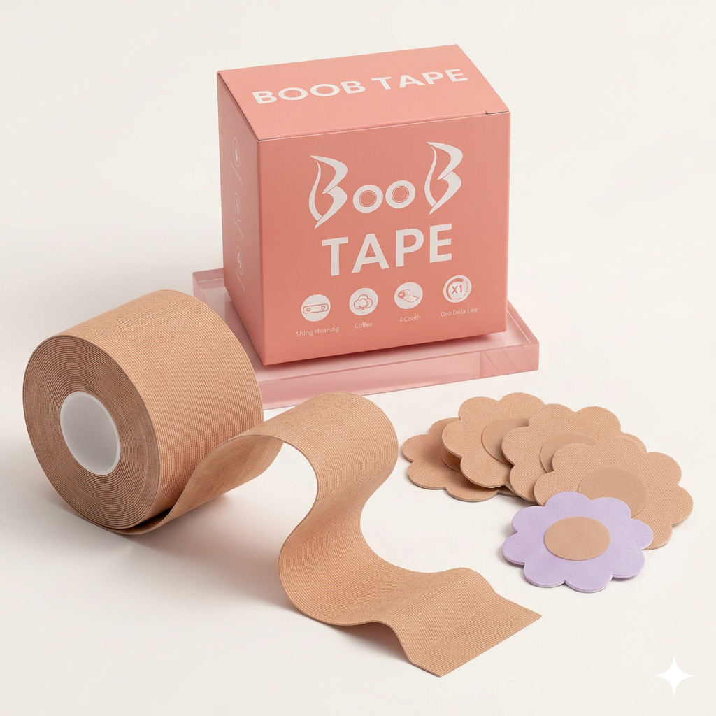 AI Design for Exact same boob tape box and roll, tape roll positioned diagonally, box slightly elevated behind, nipple covers displayed in elegant fan arrangement, luxury beauty accessory photography, clean white background, realistic product texture, premium e-commerce hero shot, 4K.