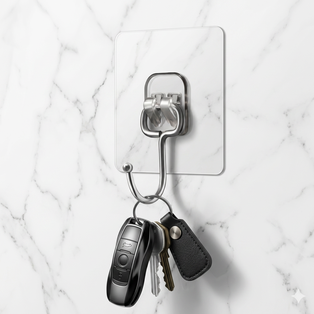 AI Design for Use the exact same adhesive wall hook, same silver metal finish, same transparent marble adhesive base, same size and shape. Show only one large hook mounted on a luxury white marble wall. A premium black car key and house keys hanging naturally from the hook. Ultra realistic 4K product photography, realistic shadows, sharp focus, luxury ecommerce style, Meesho bestseller main image, clean white background.
