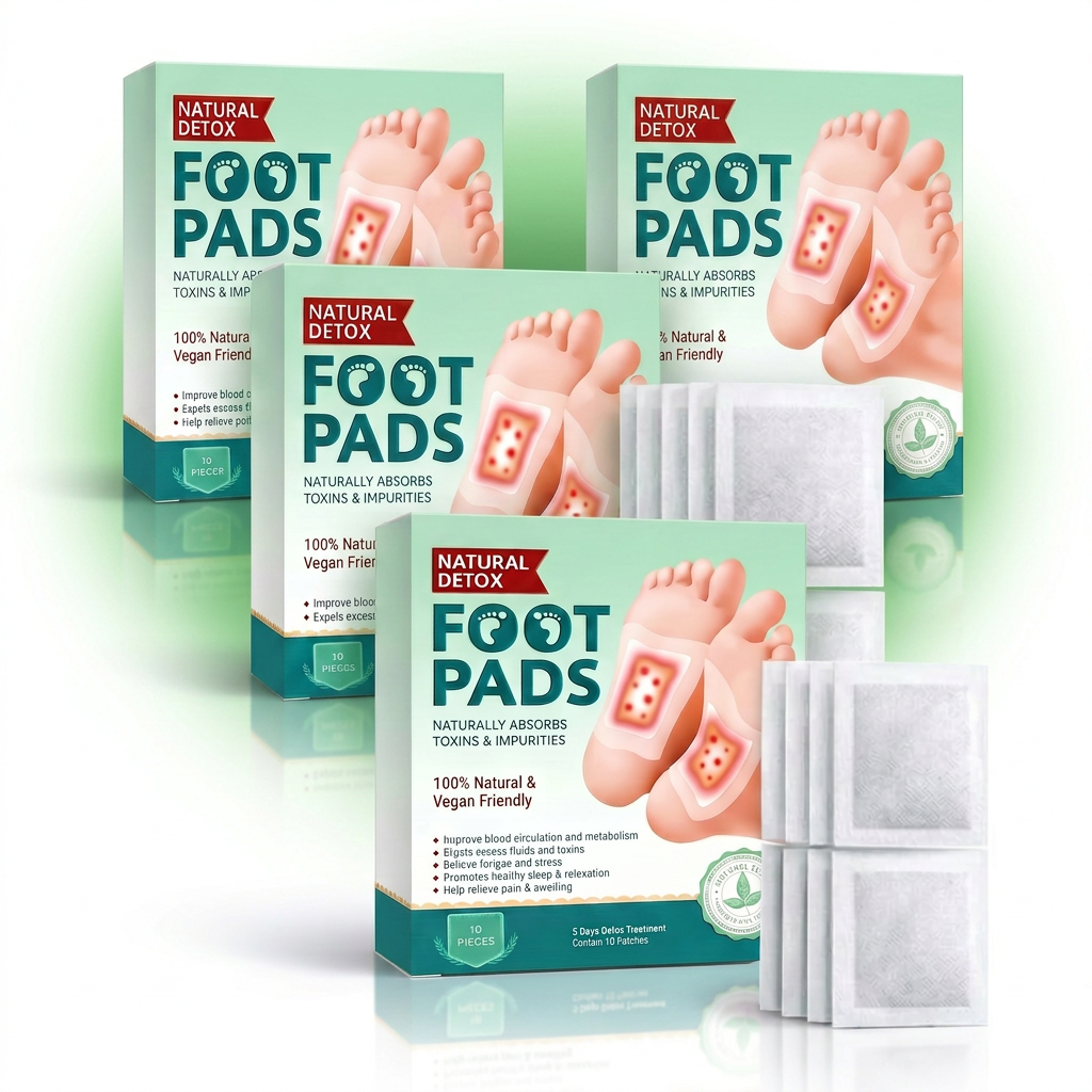 AI Design for Natural Detox Foot Pads product box hero shot, 3 boxes arranged in triangular composition, center box closest to camera, left and right boxes slightly elevated behind, foot pad packets floating beside boxes, premium white background, soft green glow effect, realistic reflections, luxury e-commerce photography, eye-catching product angle, high trust factor, clean and minimal design, Meesho high-order style image, ultra realistic shadows, professional studio setup, sharp packaging visibility, marketplace bestseller appearance, 8K ultra HD.