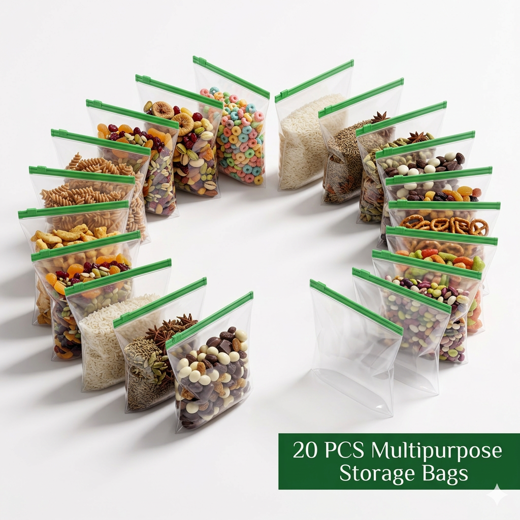 AI Design for Create a premium e-commerce main image showing 20 transparent green zipper storage bags arranged in a semi-circle. Same zipper color, same dimensions, and same transparent material as the reference product. Fill selected bags with colorful dry fruits, cereals, pasta, rice, spices, and snacks. Pure white luxury background with soft shadows. Product-centered composition, ultra-HD commercial photography, premium catalog design, clean and modern appearance, high-value pack presentation, highly clickable online shopping image.