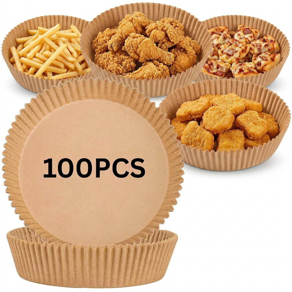 AI Design for Use the exact same round brown air fryer paper liners (100 PCS), identical size, shape, color, pleated edges, and thickness. One large liner filled with crispy golden fries, another with fried chicken, another with nuggets, and another with pizza bites. Clean white background, product occupies 85% of frame, ultra-sharp focus on liners, realistic food styling, premium e-commerce photography, Meesho bestseller main image, 4K photorealistic.