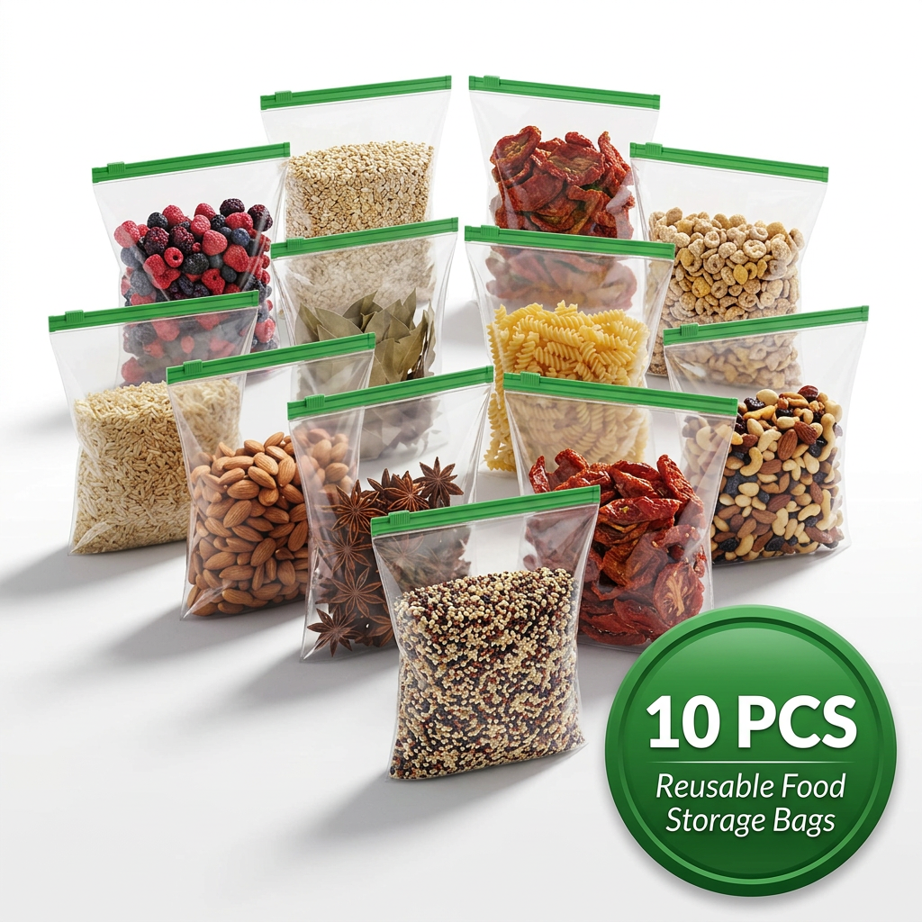 AI Design for Ultra-realistic product hero image showing 10 reusable zip lock storage bags with green sliders. Filled with colorful food items including almonds, rice, pasta, cereals, bay leaves, and dry fruits. White seamless background. Add premium green circular badge "10 PCS" with small subtitle "Reusable Food Storage Bags". Bright, premium, eye-catching composition.