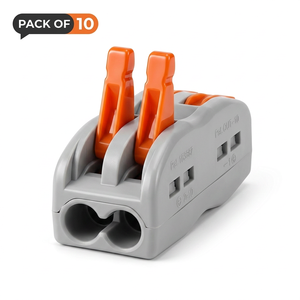 AI Design for Create a hyper-realistic Meesho main image of a 2-port grey electrical lever wire connector with orange levers, same product shape and design as reference, front-left 3/4 hero angle, connector placed large in center, both front wire entry holes clearly visible, levers upright and glossy, smooth light grey plastic body, crisp molded details, premium studio lighting, pure white background, subtle soft shadow under product, Pack of 10 badge in top-left corner with black and orange design, ecommerce product photography, ultra sharp, realistic proportions, no extra objects, no text except pack badge, high click-worthy Meesho listing style.