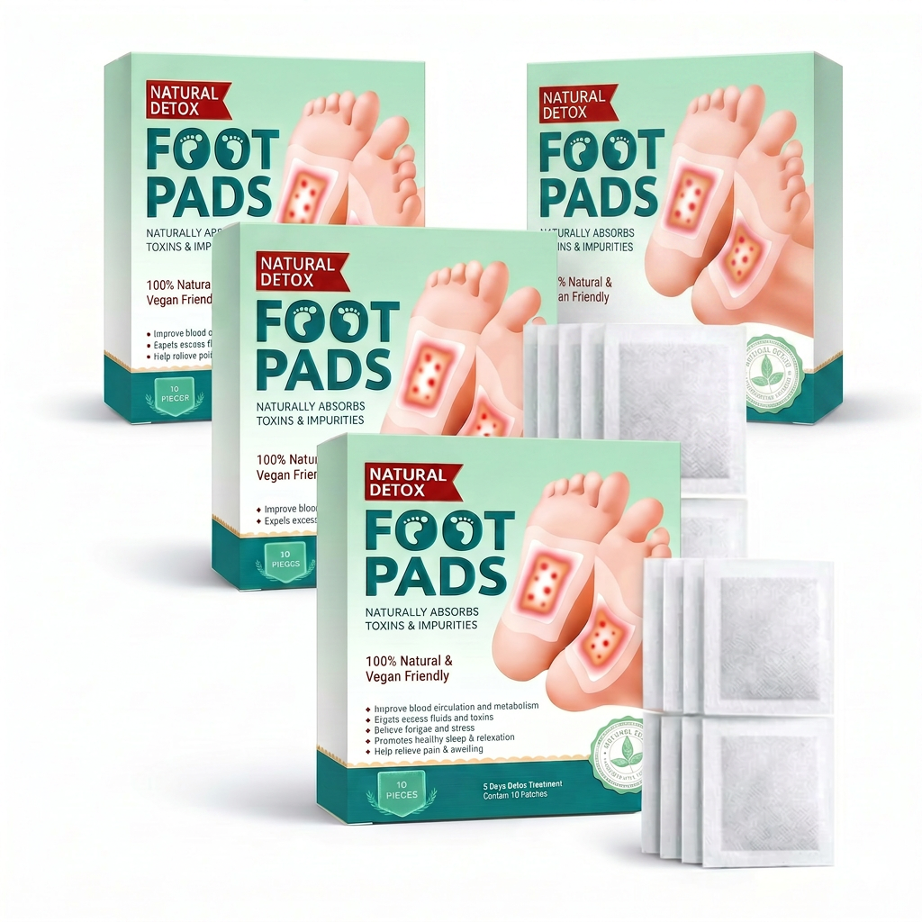 AI Design for Three Natural Detox Foot Pads boxes arranged in elegant V-shape formation, center box front-facing, side boxes tilted inward, foot pad sachets displayed symmetrically, premium white background, luxury commercial photography, soft shadows, sharp details, customer focus design, marketplace bestseller appearance, ultra HD 8K.