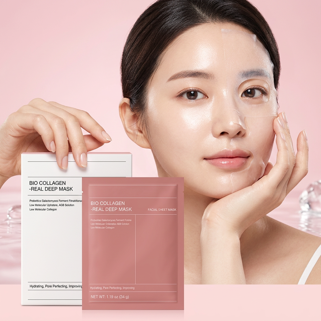 AI Design for Same original BIO COLLAGEN REAL DEEP MASK box and packet, beautiful female model applying sheet mask on one side of face while holding the product packet, box placed prominently in foreground, luxury Korean skincare campaign, soft pink gradient background, glowing skin effect, premium beauty studio lighting, realistic facial details, product clearly visible, ecommerce bestseller style, high CTR Meesho main image, ultra realistic 4K.