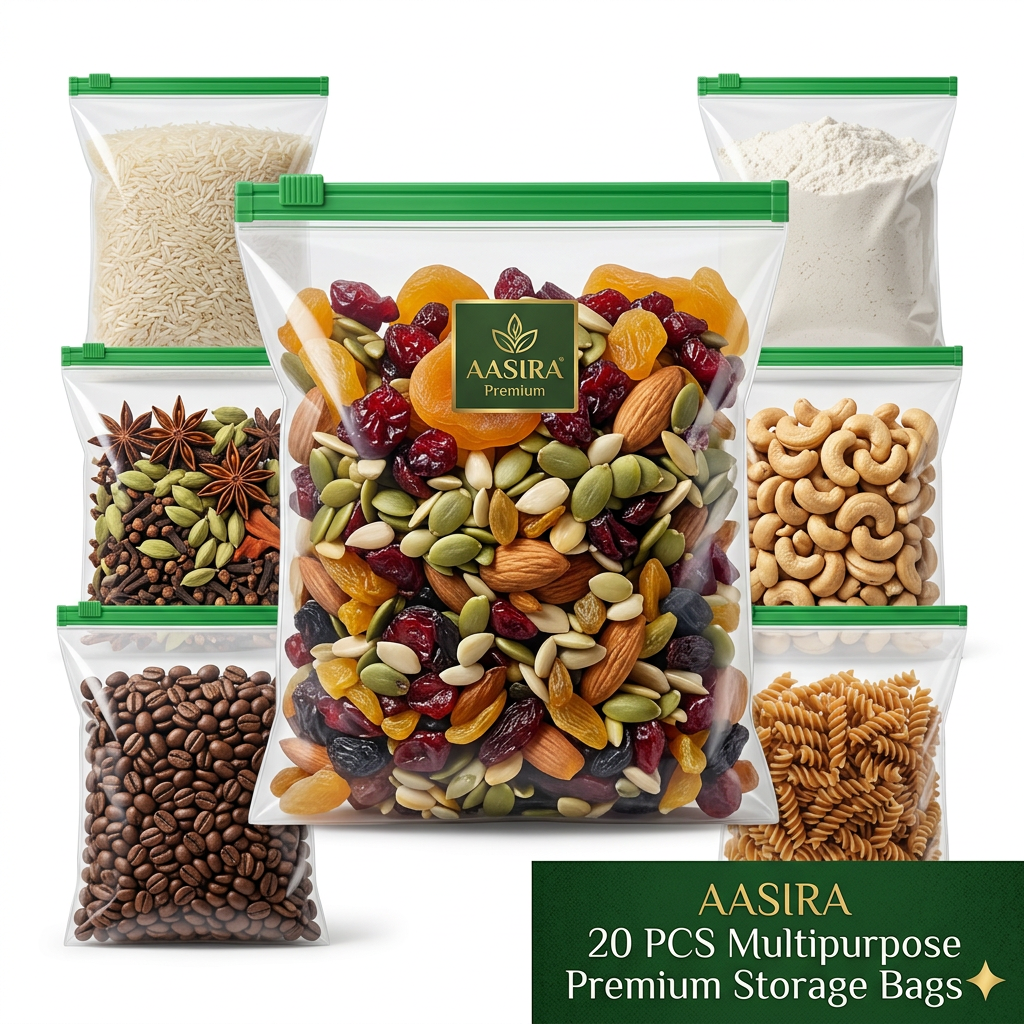 AI Design for Create an ultra-realistic Meesho bestseller image where one transparent green zipper bag is shown enlarged in the center filled with premium almonds and dry fruits. Around it, smaller bags contain rice, flour, spices, snacks, coffee, pasta, and cereals. Same bag size and green zipper color as reference. Pure white premium background, realistic shadows, luxury product photography, clean composition, high customer trust, maximum click-through-rate, professional e-commerce catalog image.