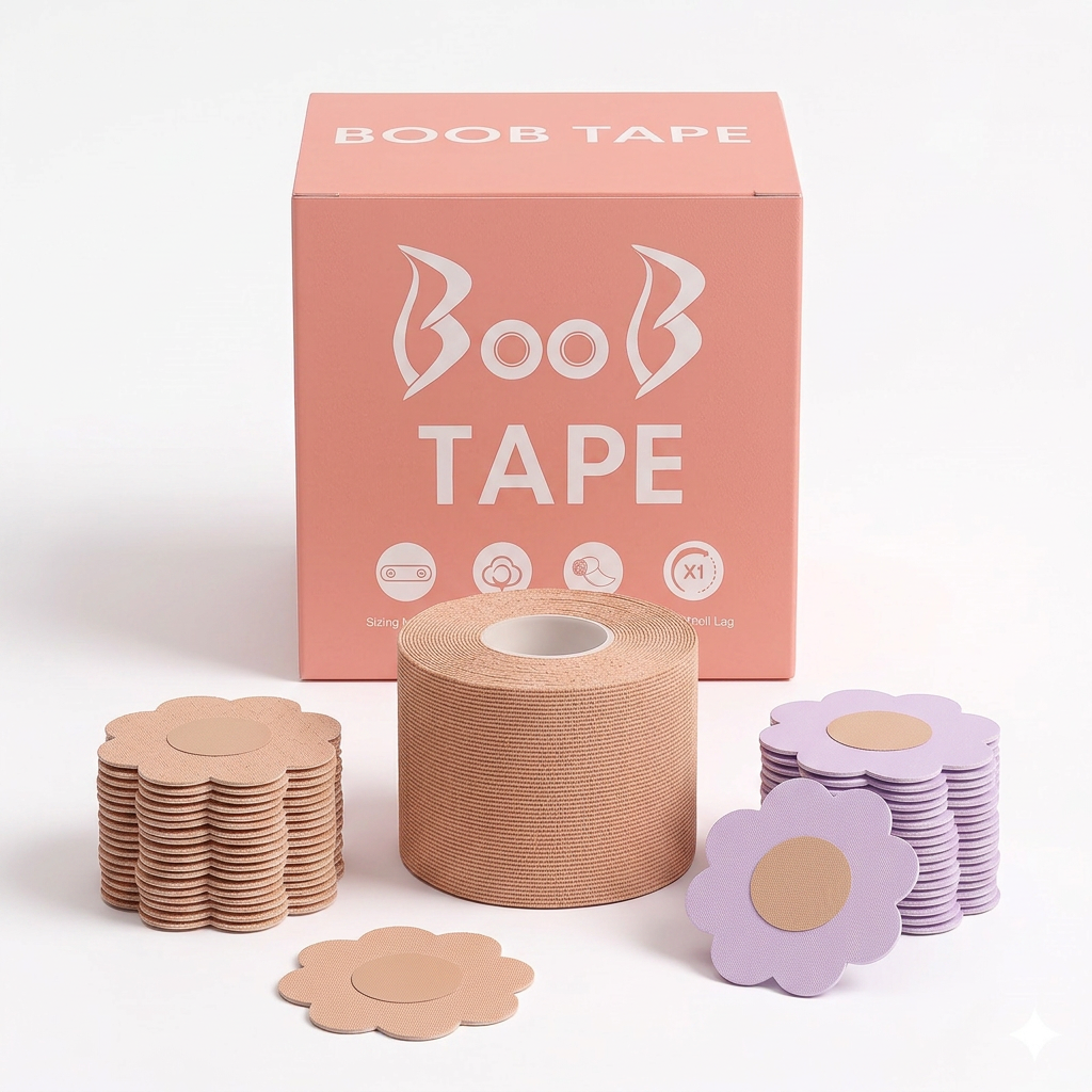 AI Design for Exact same product set, tape roll standing upright, box behind centered, nipple covers neatly stacked in front, white seamless background, minimal luxury composition, cosmetic advertisement style, realistic shadows, premium product photography, 4K quality.