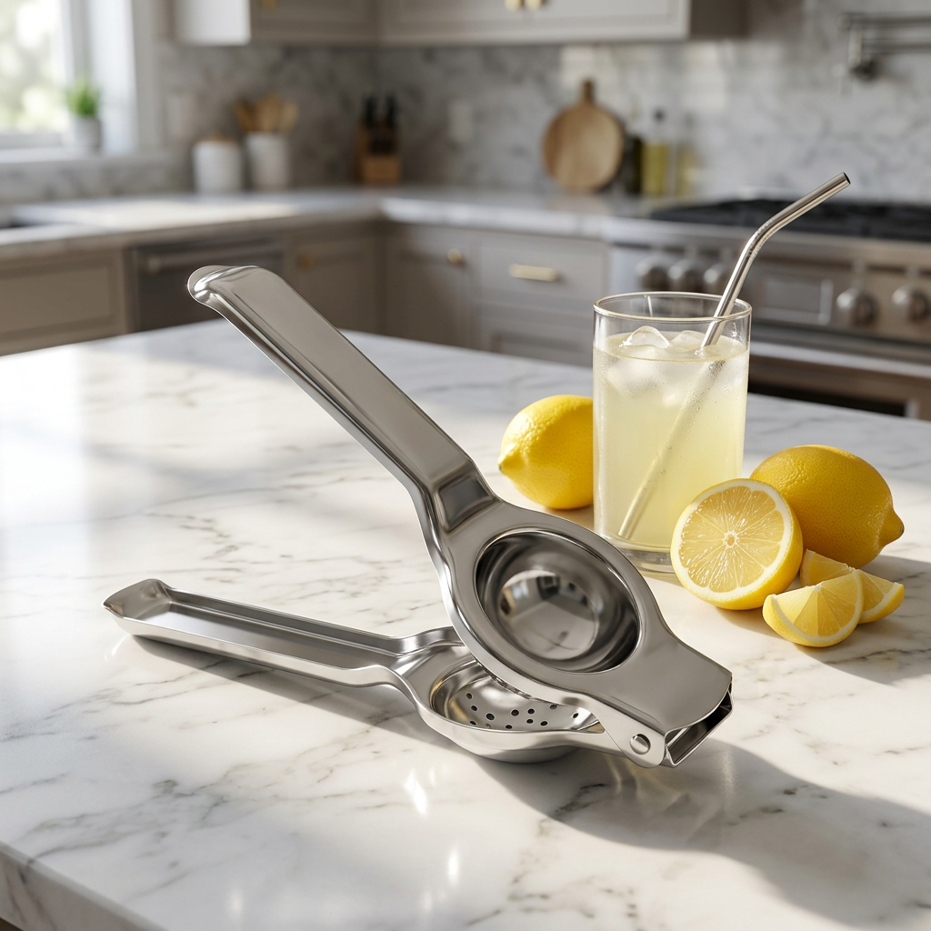 AI Design for Same stainless steel lemon squeezer placed on modern marble kitchen counter, fresh lemons, lemon slices and glass of lemonade nearby, blurred luxury kitchen background, natural sunlight, realistic shadows, premium e-commerce hero image, high trust and high click rate.