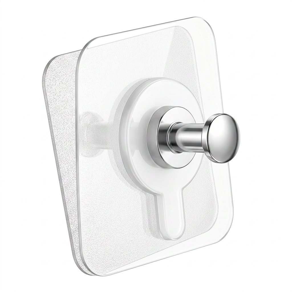 AI Design for Ultra-realistic transparent adhesive wall hook with polished chrome hook, photographed at a 45-degree angle, showing depth and adhesive backing, white seamless background, professional product photography, soft reflections, high-end catalog render.