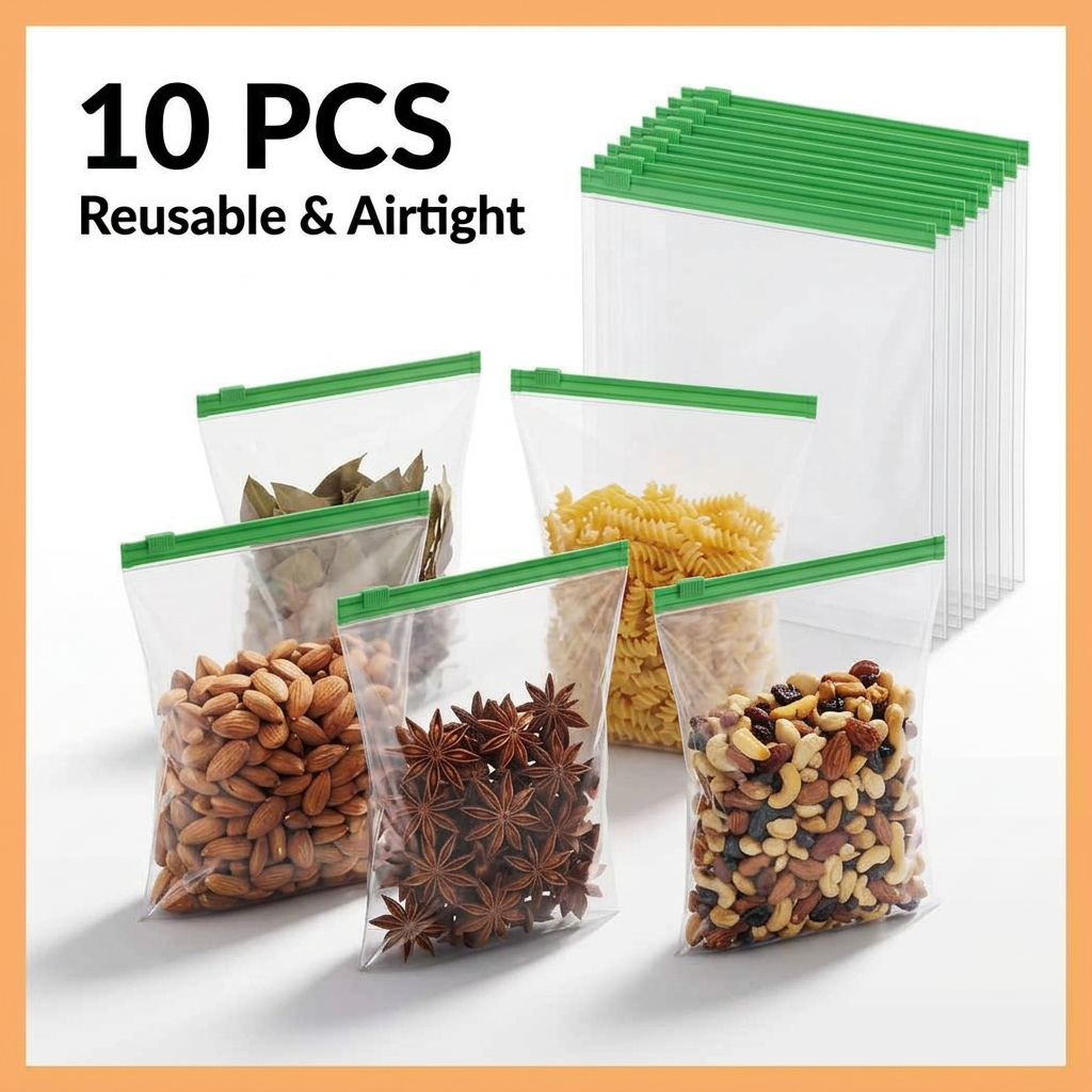 AI Design for Design a highly attractive e-commerce hero image for 10 PCS Multipurpose Zip Lock Bags. Large stack of 10 bags behind and 5 filled bags in front with dry fruits, grains, snacks, spices, and pasta. Bright white background with premium lighting. Add bold text "10 PCS" in large font and "Reusable & Airtight" below. Clean minimal design, luxury product photography, sharp focus, perfect for Meesho listing.
