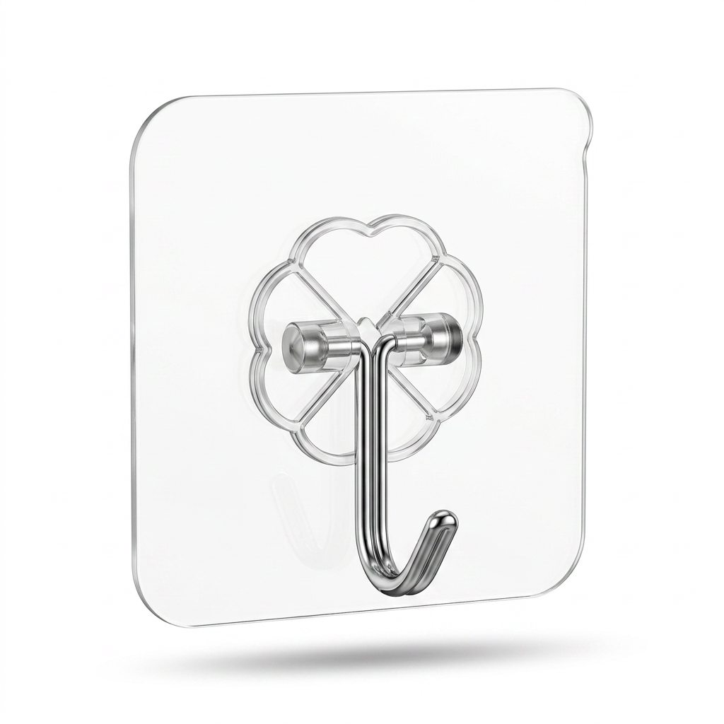 AI Design for Same transparent adhesive wall hook, exact product design unchanged, flower-shaped transparent base with chrome metal hook, product size clearly represented as 5.5 cm × 5.5 cm, single hook centered in frame, pure white background (#FFFFFF), front-facing view, 85% product focus, realistic transparent material, crystal-clear adhesive pad, soft natural shadow beneath hook, premium studio lighting, ultra realistic 4K product photography, Amazon white background standards, Meesho main image style, sharp details, high contrast, clean edges, isolated product shot, professional ecommerce catalog image, no text, no logo, no watermark, no props, photorealistic, high-resolution commercial product photography.