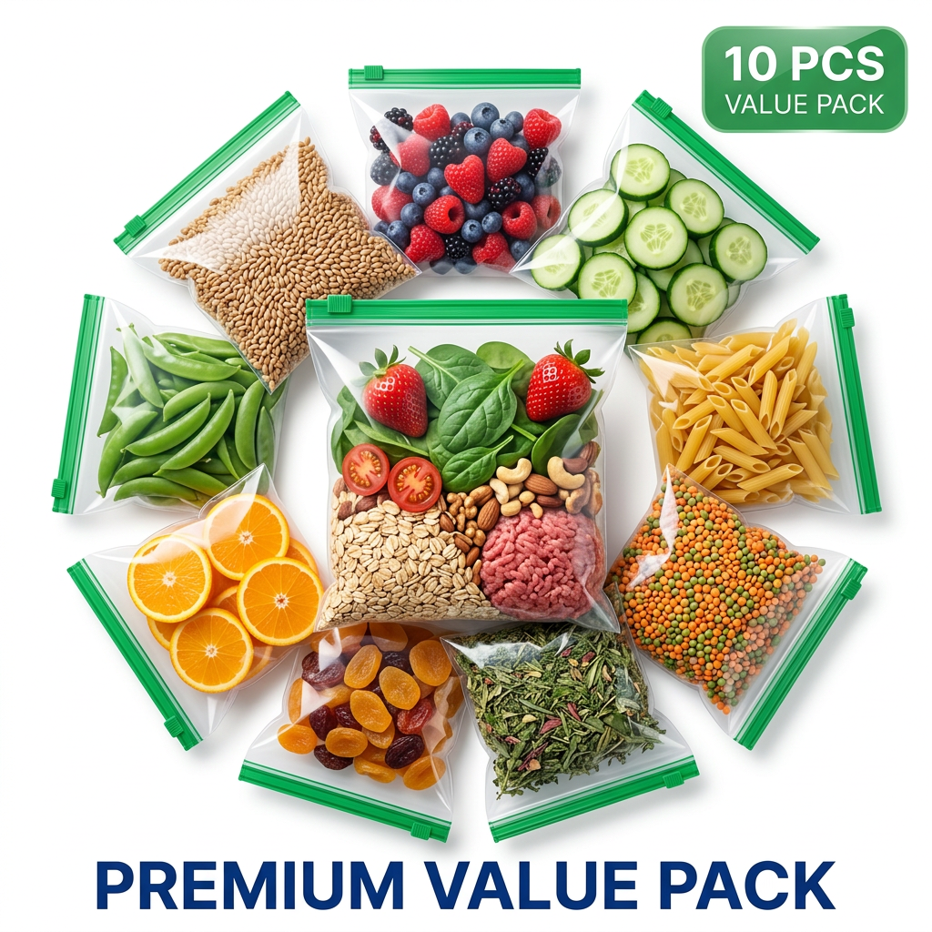 AI Design for Ultra realistic commercial photography showing identical reusable storage bags arranged in a perfect circular layout around one center hero bag. Each bag contains different colorful food ingredients. Pure white background, soft premium shadows, crystal-clear plastic, vivid colors, luxury lighting, bold green "10 PCS VALUE PACK" badge, premium Meesho hero image, high conversion composition.