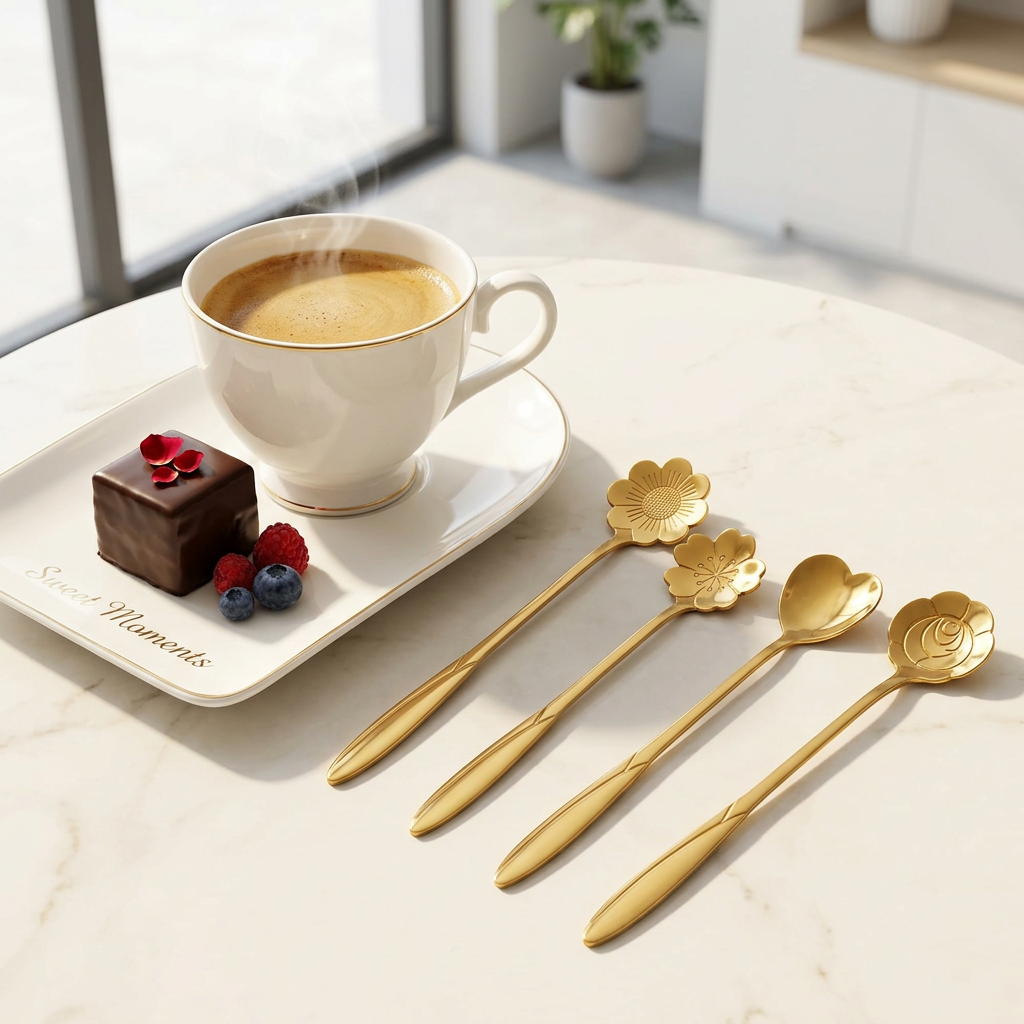 AI Design for "4 gold flower-shaped stainless steel spoons, identical to reference product, arranged neatly beside a white ceramic coffee cup and dessert plate. Bright clean background, modern cafe setting, natural sunlight, premium lifestyle product photography, realistic metal texture, elegant composition, high CTR ecommerce main image, Amazon and Meesho style product photo, ultra detailed, soft shadows, luxury aesthetic, 8K."
