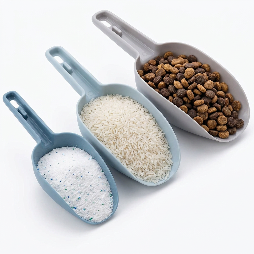 AI Design for Same 3 plastic scoops, same colors and dimensions, one scoop with rice, one with pet food, one with detergent powder, arranged aesthetically on bright white surface, premium kitchen and utility concept, realistic product photography, clean background, strong product focus, commercial e-commerce image, high conversion design, ultra realistic 4K.