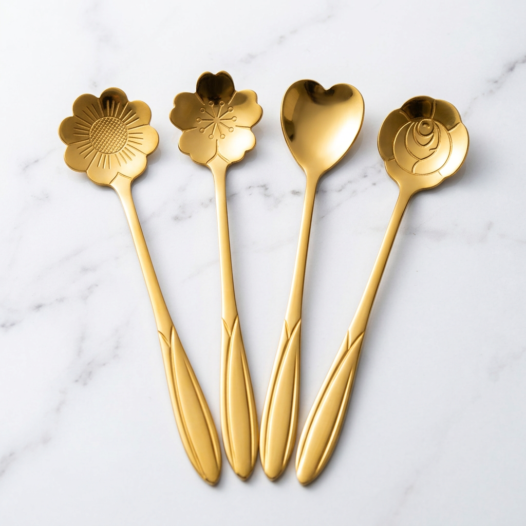 AI Design for "Exact product lock. Display the 4 gold flower spoons large and centered on a clean white marble background. Product fills most of the frame. No distracting objects. Soft natural sunlight, luxury reflections, premium ecommerce thumbnail, ultra sharp focus on spoons, shallow depth of field, elegant shadows, commercial advertising photography, 8K."