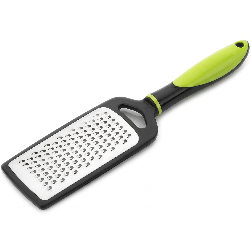 AI Design for Use the exact same kitchen grater from the reference image, same black and lime green handle, same stainless steel grating surface, same dimensions and proportions. Place only ONE grater centered on a pure white background (#FFFFFF), product occupies 90–95% of frame, perfectly sharp focus, front-facing 3D angle showing both handle and grating surface clearly. Ultra realistic product photography, professional Amazon catalog style, studio lighting, natural shadow, high contrast, premium finish, no text, no logo, no watermark, no props, no vegetables, no fruits, no extra objects, clean e-commerce presentation, 4K ultra HD, Amazon best seller main image, highly detailed stainless steel texture, crisp edges, commercial product photography.