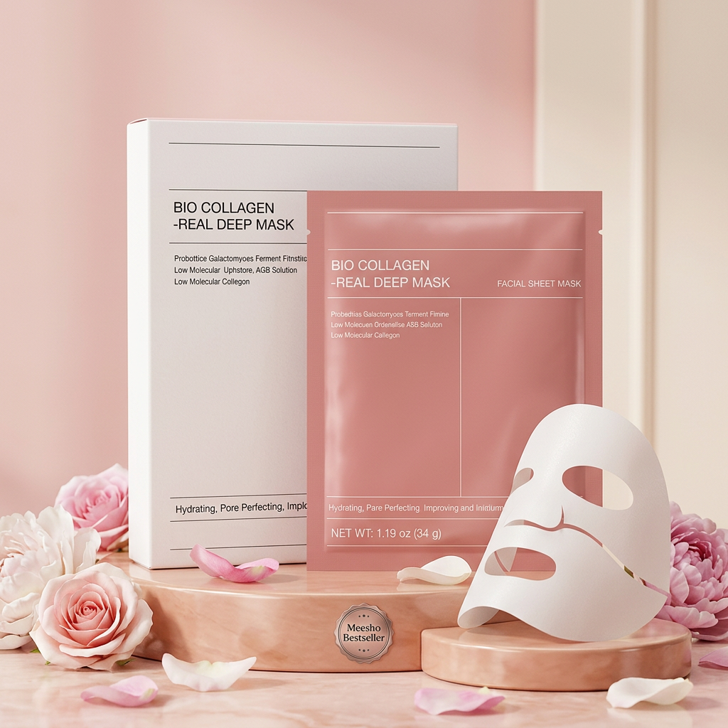 AI Design for Same original product box and packet, standing on premium cosmetic display podium, pink and white flower petals scattered around, luxury beauty studio lighting, clean pastel background, elegant skincare advertisement, highly detailed packaging visible, realistic premium reflections, Meesho bestseller main image, 4K ultra realistic.