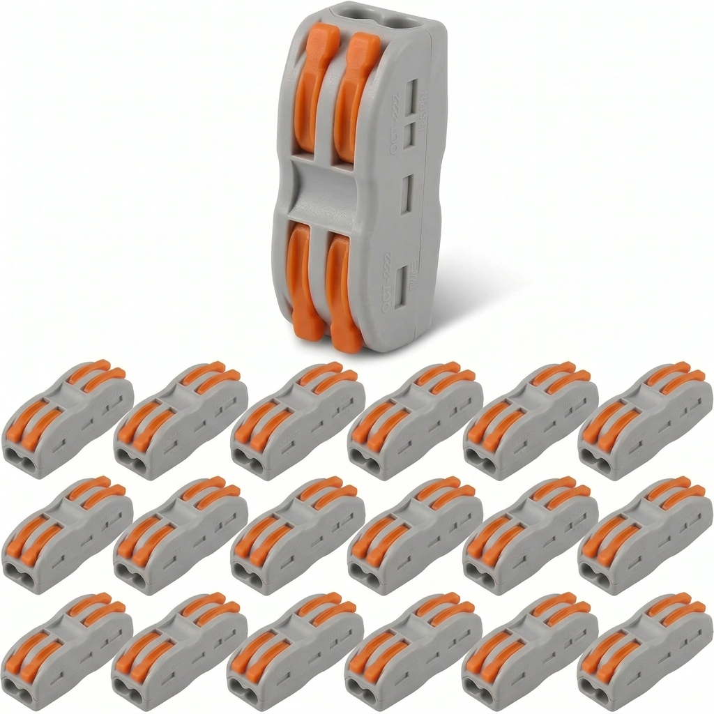 AI Design for Create a hyper-realistic Meesho hero image of the same 2 in 2 out connector, show one connector standing upright vertically, slightly tilted for realism, orange levers visible from top, front holes visible, remaining 19 connectors arranged neatly below, white studio background, soft premium shadow.