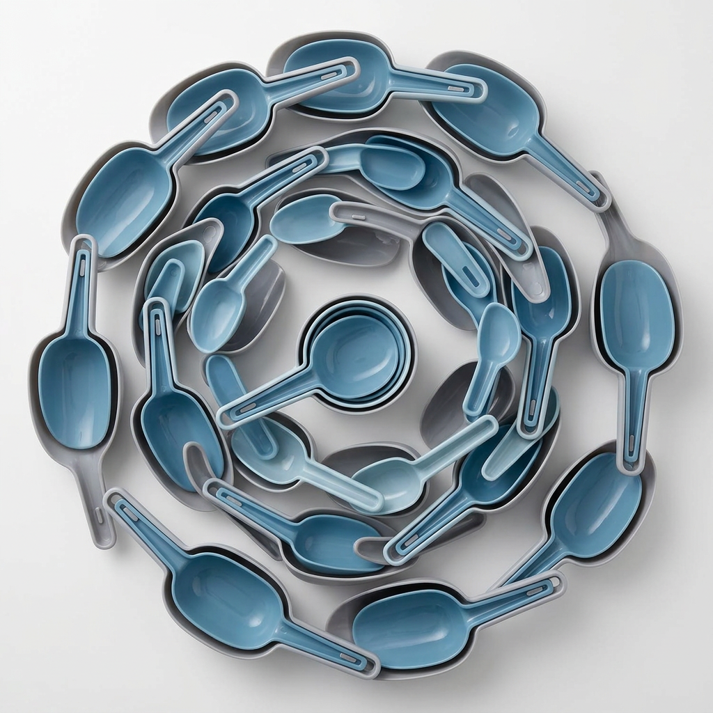 AI Design for Same nesting scoops, same blue and grey colors, arranged in spiral circular formation, top-down camera angle, clean white background, luxury studio lighting, premium kitchen accessory advertisement, ultra realistic 4K.