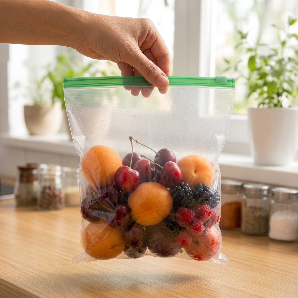 AI Design for Create a close realistic Meesho hero image of the same transparent reusable zip bag, same size and same green zipper colour, filled with fruits, single hand gripping the top center of zipper and lifting bag slightly above countertop, bag front fully visible, soft kitchen window light, subtle spice jars and home background blur, realistic hanging shape due to fruit weight, clean premium ecommerce composition, authentic customer-use feel, no collage, no text.