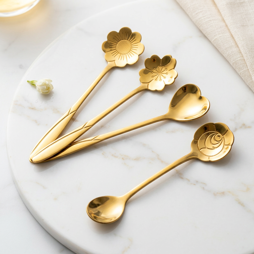 AI Design for Keep the same gold floral spoons exactly as reference, same size, same golden color, same design details. Arrange all spoons in a premium fan-shaped layout with one spoon closest to camera, product occupying 90% of frame, luxury white marble background, soft natural lighting, crystal-clear metal reflections, ultra sharp focus, minimal props, premium cutlery advertisement photography, clean luxury aesthetic, ecommerce bestseller style, 4K ultra HD.