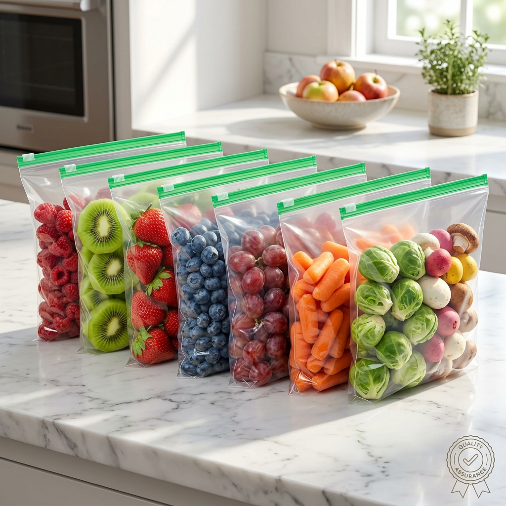AI Design for Ultra realistic e-commerce photography, 8 identical transparent storage bags, same size, same green zipper color, arranged in elegant fan shape formation, different colorful foods inside, luxury marble countertop, bright sunlight, premium kitchen blur background, aesthetic composition, high CTR Meesho main image, 4K.
