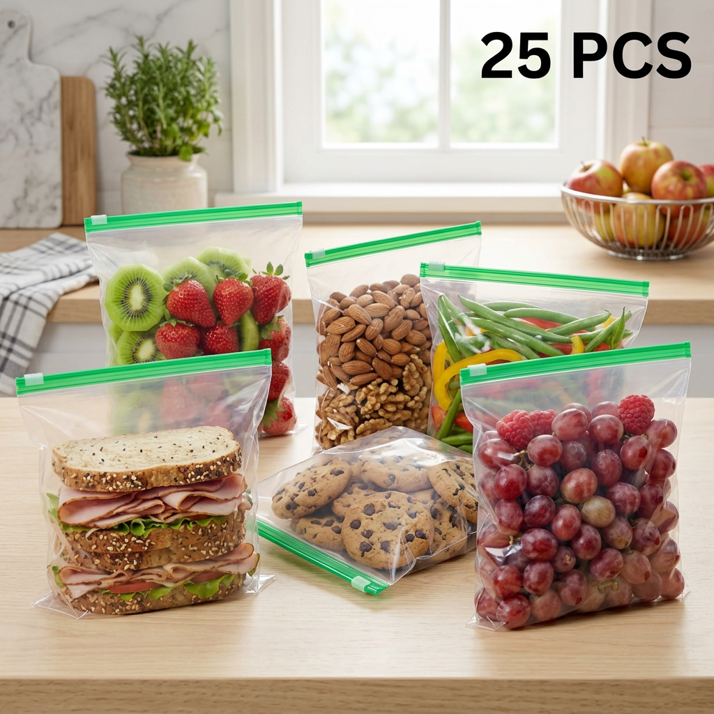 AI Design for Ultra realistic ecommerce hero image, 6 transparent reusable storage bags with same green zipper and same dimensions as reference, different poses and angles, foods include sandwiches, fruits, dry fruits, vegetables, cookies, berries, arranged in premium perspective composition, bright luxury kitchen background, professional product photography, clean and trustworthy appearance, large black 25 PCS text, Meesho bestseller style, high conversion, 4K HD.