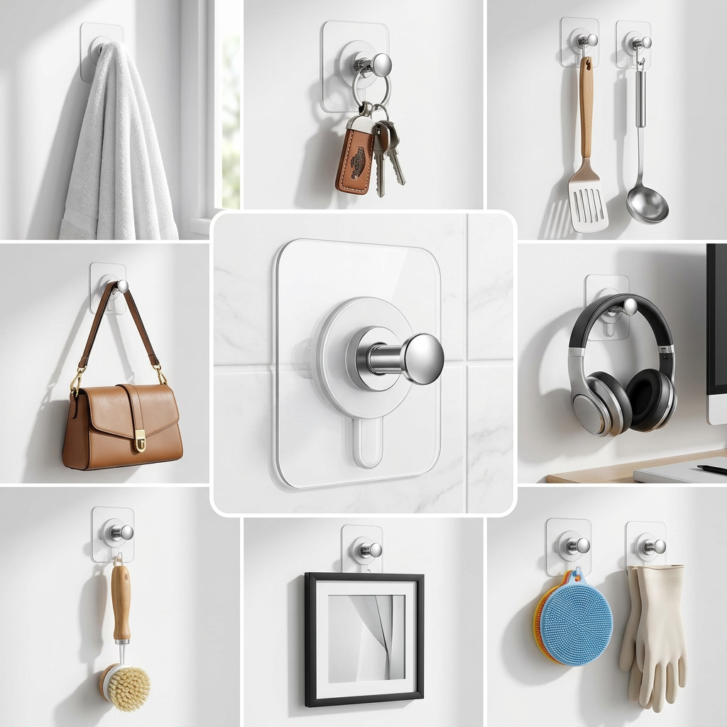 AI Design for Create a premium e-commerce infographic collage featuring the exact same transparent adhesive wall hooks shown in the reference image (square transparent base with chrome metal hook). Display 8 hooks installed on a clean modern white wall in different real-life uses. Each hook should hold a different item:
Soft bath towel
House keys with keychain
Kitchen spatula and ladle
Stylish women's handbag
Over-ear headphones
Cleaning brush
Decorative photo frame hanging securely
Kitchen scrubber/gloves
Layout as a professional collage with the largest center image showing the hook close-up and surrounding usage scenes. Ultra realistic, bright natural lighting, modern home interior, premium lifestyle photography, sharp focus, high detail, clean shadows, product clearly visible in every scene, trust-building visual, white and light gray background, Meesho best-selling style, Amazon A+ content quality, 4K UHD, commercial product photography, clutter-free composition, high CTR design, realistic weight support demonstration, elegant typography-free image.