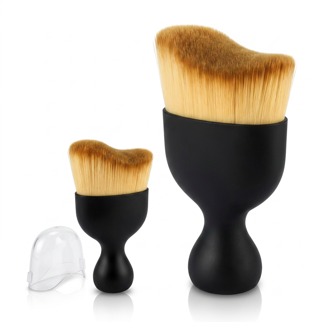 AI Design for "Same black soft dust cleaning brush and mini brush, exact same design and color, standing upright with slight 65-degree angle rotation, pure white luxury background, soft studio lighting, realistic shadow reflection, premium cleaning tool photography, ultra sharp details, Meesho listing main image, high conversion product image, 4K professional commercial shoot."