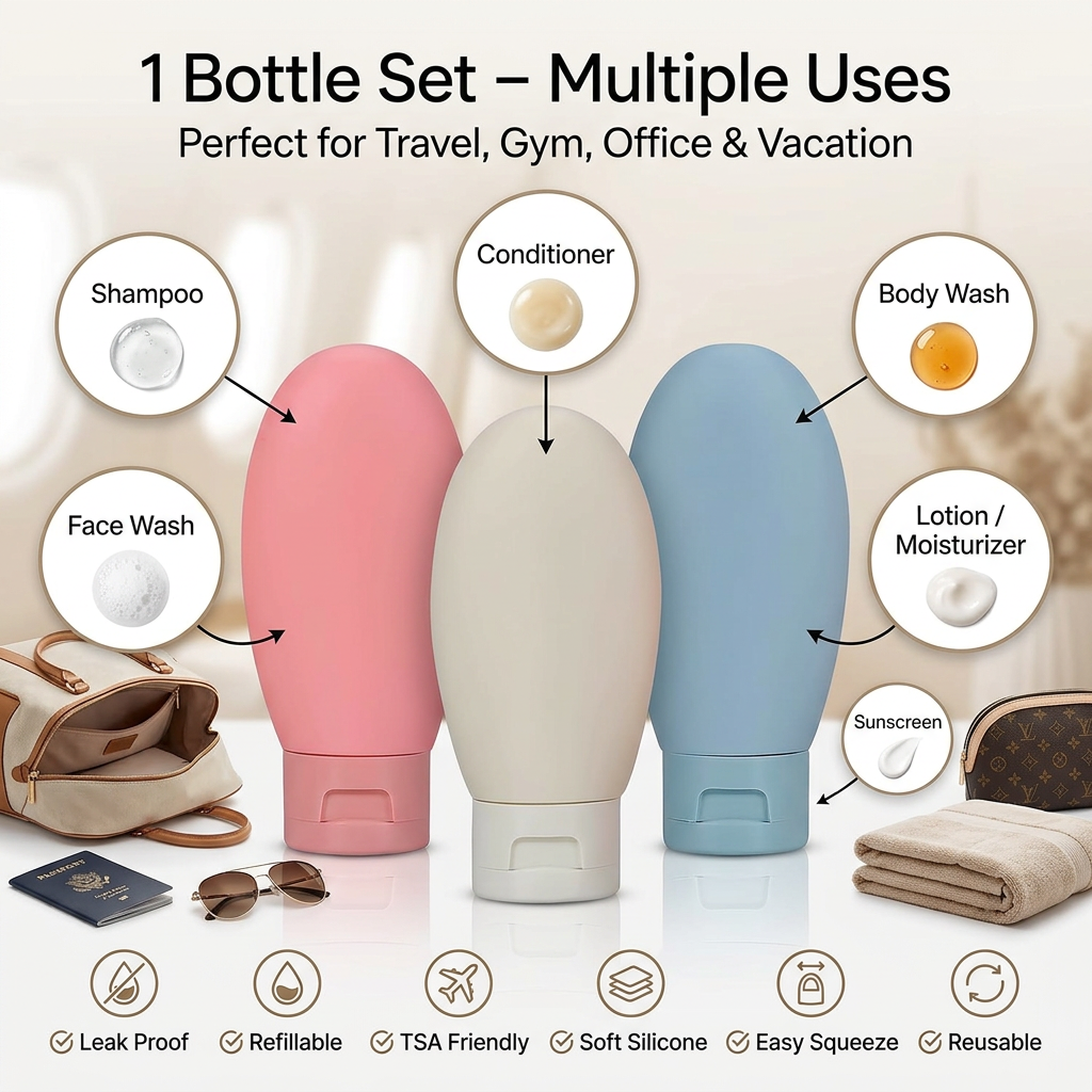 AI Design for Create a premium Meesho infographic image showing the same 3 silicone travel bottles (Pastel Pink, Cream Beige, Pastel Blue) exactly matching the reference product in shape, size, and color.

Place the 3 bottles large in the center. Around them show 6 realistic use cases with clean circular callouts and arrows:

✅ Shampoo
✅ Conditioner
✅ Body Wash
✅ Face Wash
✅ Lotion / Moisturizer
✅ Sunscreen

Create a luxury travel theme with:

Open travel bag
Passport
Sunglasses
Towel
Cosmetic pouch
Airport/travel aesthetic

Show small drops of shampoo, lotion, face wash, and body wash near the corresponding bottles to clearly indicate usage.

Headline:
"1 Bottle Set – Multiple Uses"

Subheadline:
"Perfect for Travel, Gym, Office & Vacation"

Add premium icons:
✔ Leak Proof
✔ Refillable
✔ TSA Friendly
✔ Soft Silicone
✔ Easy Squeeze
✔ Reusable

Style: Meesho A+ content, premium white and beige background, luxury travel photography, realistic shadows, ultra HD 4K, clean infographic layout, professional eCommerce design, high CTR, high conversion, customer instantly understands all uses at first glance.
