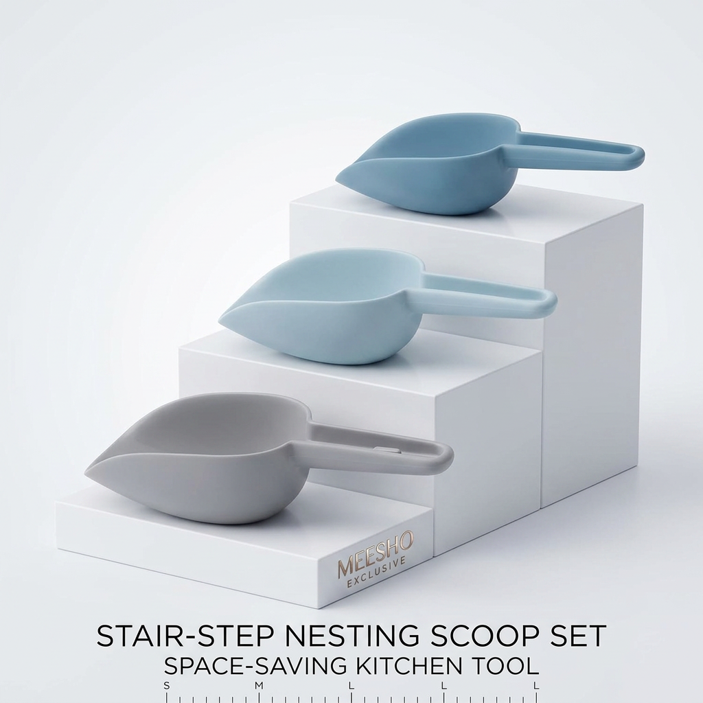 AI Design for Exact same scoop set, same colors and size, three scoops arranged like staircase steps ascending upward, modern white background, premium product photography, realistic plastic texture, sharp focus, high CTR Meesho listing image, ultra HD.